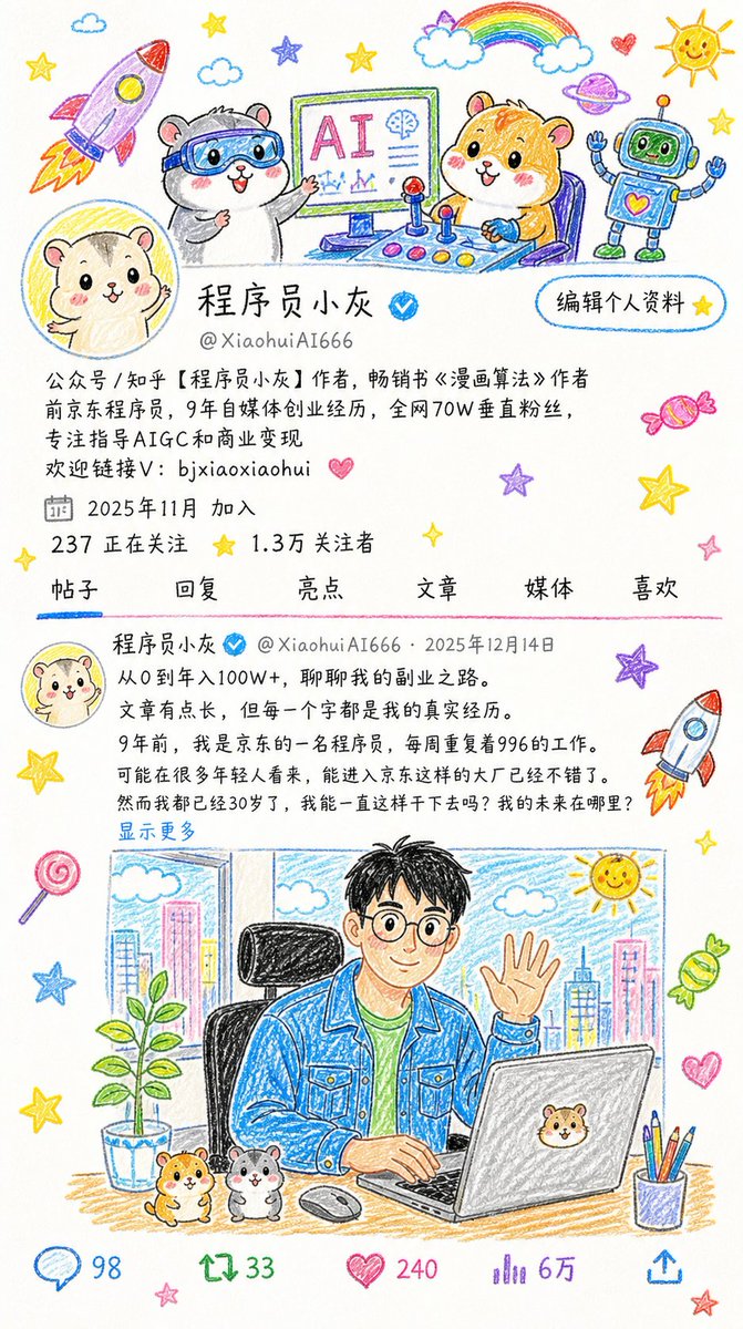 最近流行用 GPT-image-2 制作儿童画，小灰也尝试把自己的X账号主页换了一个风格，好可爱呀~~

提示词如下：

将原图重新绘制成蜡笔风格插画，把整个画面场景改造成十岁小朋友手绘的质感。造型保持简约、线条略带稚拙不完美，还原儿童画画的自然随性感。