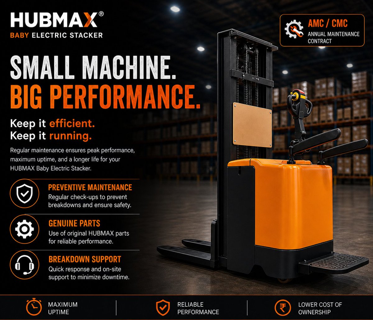 HubSolutions2's tweet photo. Small machine. Big impact. ⚡
No maintenance = downtime.
Smart maintenance = uptime.
HUBMAX AMC/CMC:
 ✔️Reliable performance
 ✔️Lower costs
 ✔️Longer life
Maintain it before it fails.
#ElectricStacker #Warehouse #HUBMAX #Maintenance https://t.co/MJ9L4HKCXG