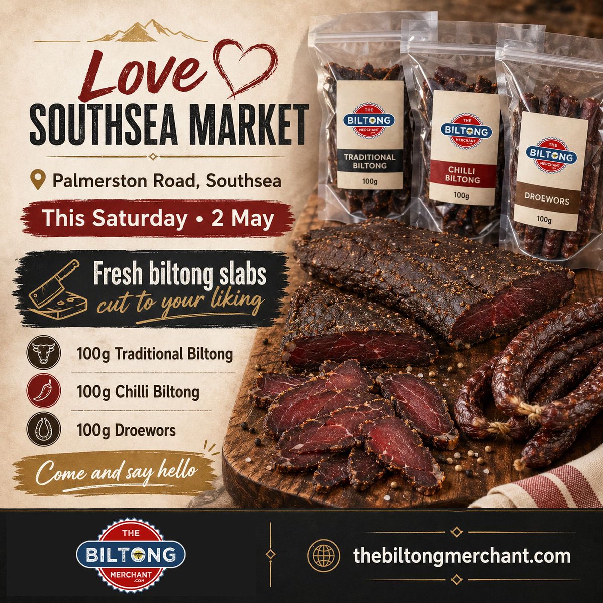 upixphotography's tweet image. Morning Southsea.

We’re at Love Southsea Market today on Palmerston Road with fresh biltong slabs cut to your liking, plus 100g packs of Traditional Biltong, Chilli Biltong and Droëwors.

Come and say hello.

thebiltongmerchant.com

#Southsea #Portsmouth #Biltong #Droewors