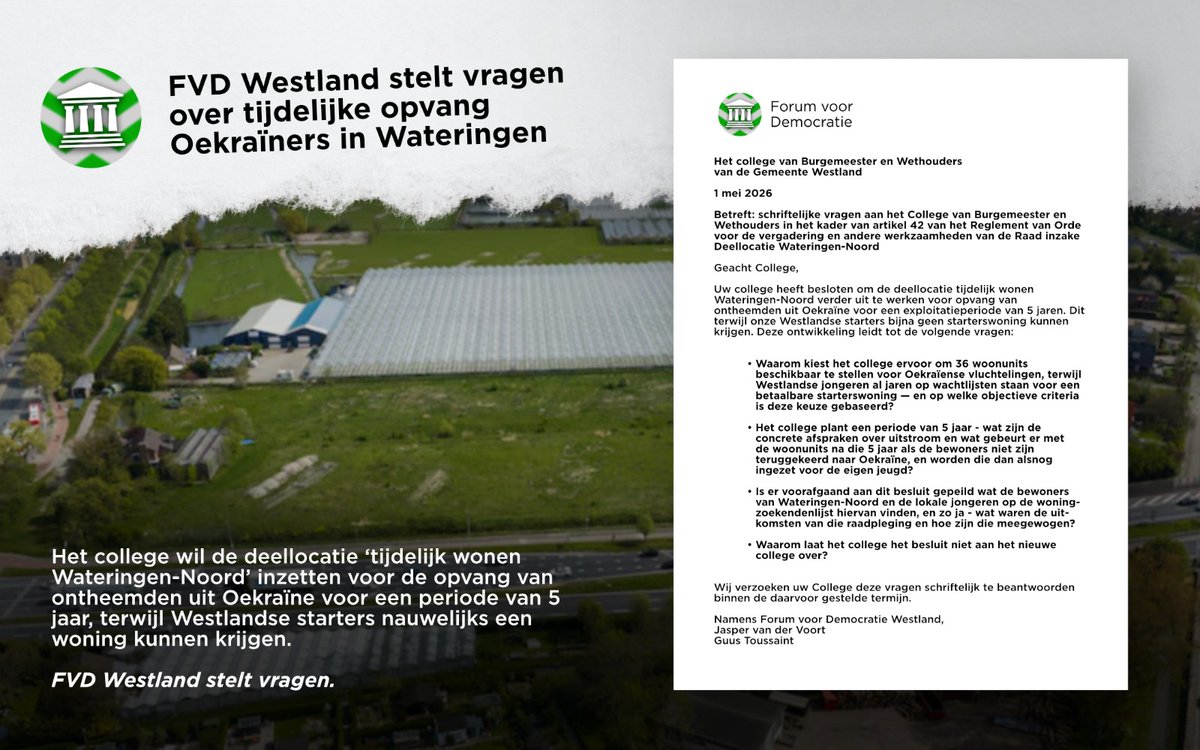 FVD_Westland's tweet photo. 🏠 Woningen voor 5 jaar, maar niet voor onze jongeren? FVD Westland stelt vragen.

Een nieuwe kans voor het Westland.

#FVD #Westland #WLdebat https://t.co/q1Qc7N0oBw