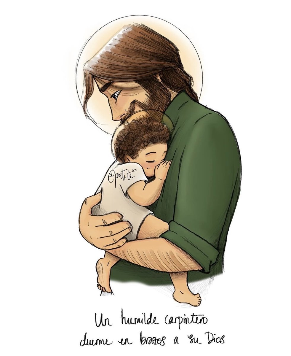 patite3's tweet photo. Me comenta una amiga que ayer me
olvidé de la celebración de San José Obrero. Y yo a San José le tengo un cariño muy especial. 
Así que ahí va mi ilustración por el día de ayer: “ Un humilde carpintero duerme en sus brazos a su Dios” (De una canción de Hakuna) https://t.co/xnUTi1DZeK