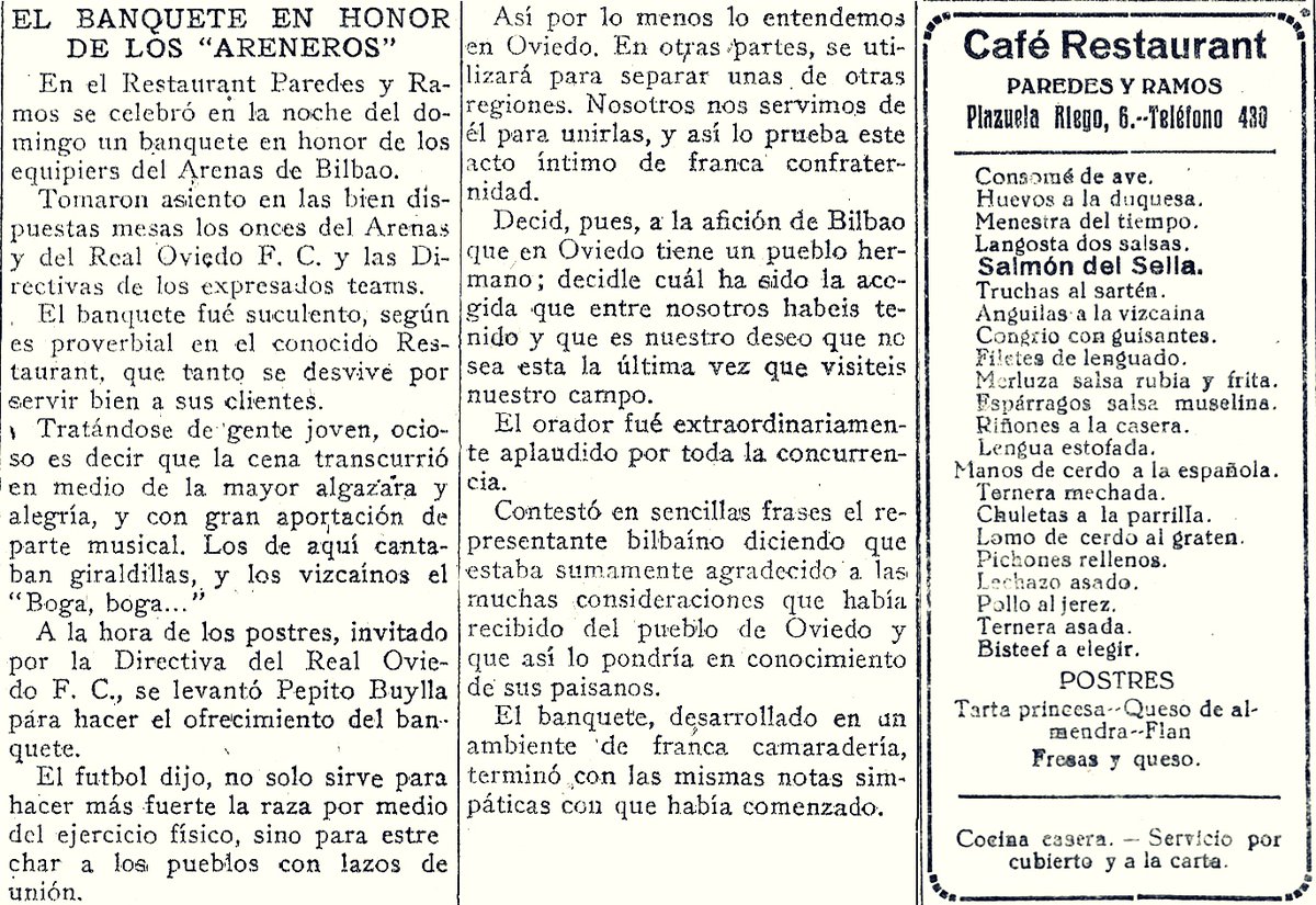lessacaveres's tweet photo. Hoy se cumplen 100 años.
A la noche, tras el 2º encuentro entre @RealOviedo y @arenas_club1909, la directiva azul obsequio con un ágape, ofrecido por Buylla (Presidente de Honor del R. Stadium) a los vizcaínos.
Hoy es con una paella popular.
#1926ROFC2026 https://t.co/8UjKVazpA2