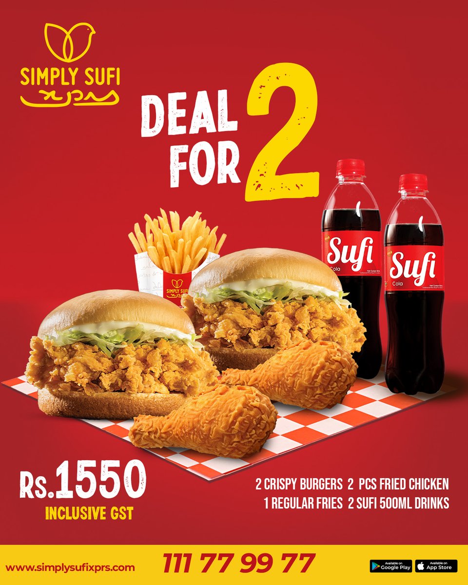 simplysufixprs's tweet photo. Double the flavor, double the fun!
Grab 𝐗𝐏𝐑𝐒 𝐃𝐞𝐚𝐥 𝐟𝐨𝐫 𝟐 and enjoy a complete feast with crispy burgers, fried chicken, fries &amp; refreshing drinks, all in one combo for 𝐑𝐬.𝟏𝟓𝟓𝟎/- 
𝐎𝐫𝐝𝐞𝐫 𝐧𝐨𝐰: 𝟏𝟏𝟏 𝟕𝟕 𝟗𝟗 𝟕𝟕
𝐰𝐰𝐰.𝐬𝐢𝐦𝐩𝐥𝐲𝐬𝐮𝐟𝐢𝐱𝐩𝐫𝐬.𝐜𝐨𝐦 https://t.co/AnjiZQo8BG