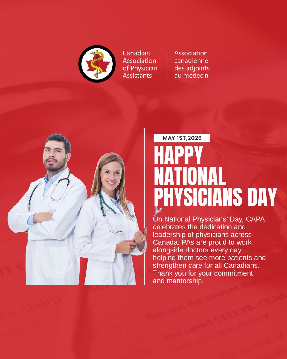 CAPA_ACAM's tweet photo. On National Physicians' Day, CAPA celebrates the dedication and leadership of physicians across Canada. PAs are proud to work alongside doctors every day helping them see more patients and strengthen care for all Canadians. Thank you for your commitment and mentorship. 🩺 https://t.co/JHShkOucEZ