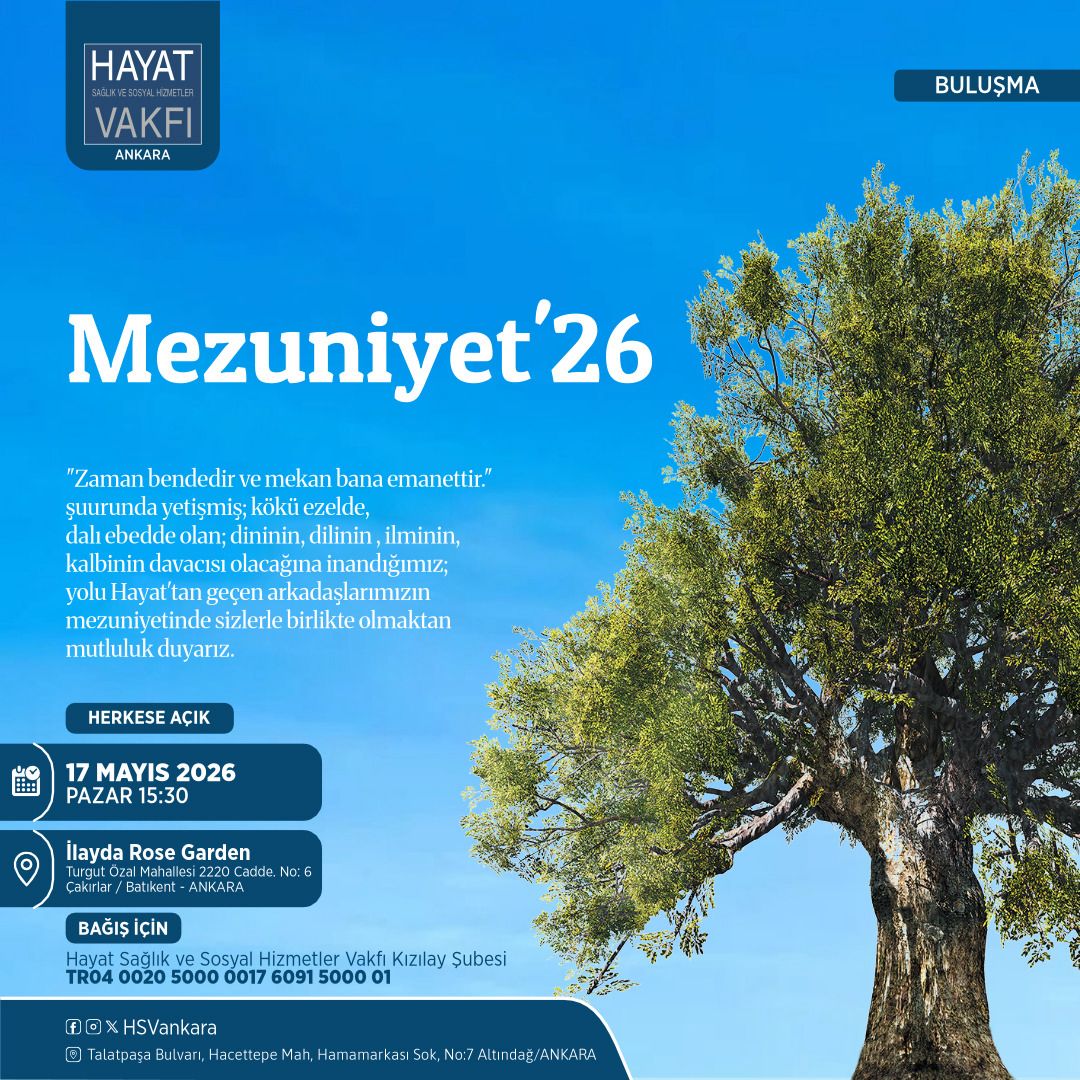 hsvankara's tweet photo. Hayat Dostları🌳
🎓“Zaman bendedir ve mekan bana emanettir.” şuurunda yetişmiş,kökü ezelde dalı ebedde olan; dininin,dilinin,ilminin,kalbinin davacısı olacağına inandığımız; yolu Hayat’tan geçen arkadaşlarımızın mezuniyetinde sizlerle birlikte olmaktan mutluluk duyarız. https://t.co/lbI1bMzHZl