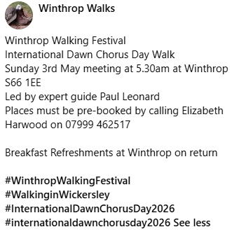 Stag_RosePPG's tweet image. #sunday - have YOU booked your place yet? Winthrop Walks

@WinthropGardens  
#WinthropWalkingFestival #WalkinginWickersley #InternationalDawnChorusDay2026 #internationaldawnchorusday2026