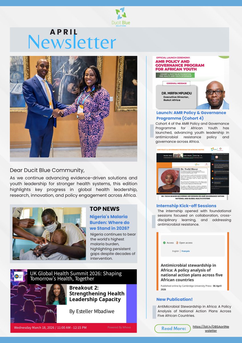 Ducit_Blue's tweet photo. Our #AprilNewsletter is Out!
Highlights include our participation at the UK GHS 2026, launch of the AMR Policy &amp; Governance Programme for African Youths, new AMR publications, and insights on Nigeria’s malaria burden &amp; diagnostic innovation.

read more: https://t.co/OpPn4jwXof https://t.co/pPSIpqBEn3