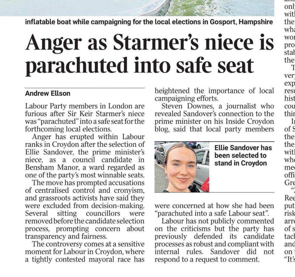 LizWebsterSBF's tweet image. 😡 As Starmer faces a leadership crisis and expected local election wipeout, his niece Ellie Sandover has been parachuted into a safe Labour seat in Croydon.

Sitting councillors reportedly removed to make way for her. Nepotism and central control, while he lectures everyone else