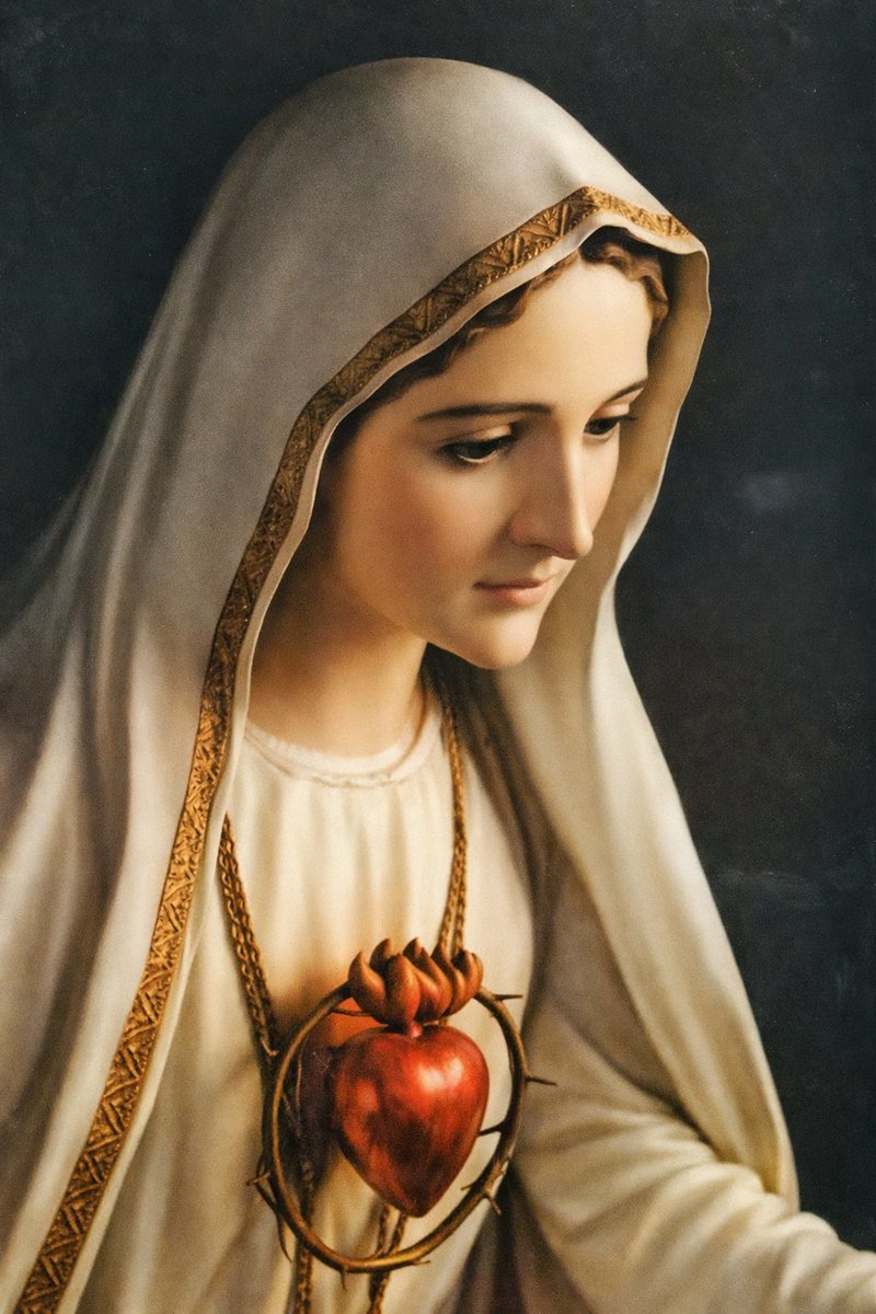 paracleto4's tweet photo. I° SABATO DEL MESE
«Il 10 dicembre 1925, le apparve la santissima Vergine e al suo fianco, sospeso in una nuvola luminosa, un Bambino. 

La santissima Vergine, mettendole la mano sulla spalla, le mostrò allo stesso tempo un cuore coronato di spine che aveva nell'altra mano. Allo stesso tempo il Bambino disse: 

"Abbi compassione del cuore della tua santissima Madre, che è coronato di spine che gli uomini ingrati ti in tutti i momenti vi infìggono, senza che ci sia chi faccia un atto di riparazione per strapparle".

In seguito, la santissima Vergine disse: 
"Guarda, figlia mia, il mio cuore coronato di spine che gli uomini ingrati a ogni momento m'infìggono, con bestemmie e ingratitudini. 
Tu almeno cerca di consolarmi, e a tutti quelli che per cinque mesi, nel primo sabato, si confesseranno ricevendo poi la santa Comunione, diranno una corona, e mi faranno quindici minuti di compagnia, meditando sui quindici misteri del Rosario con l'intenzione di soddisfarmi, io prometto di assisterli, nell'ora della morte, con tutte le grazie necessarie alla salvezza di quelle anime».

LA MADONNA A SUOR LUCIA DOS SANTOS