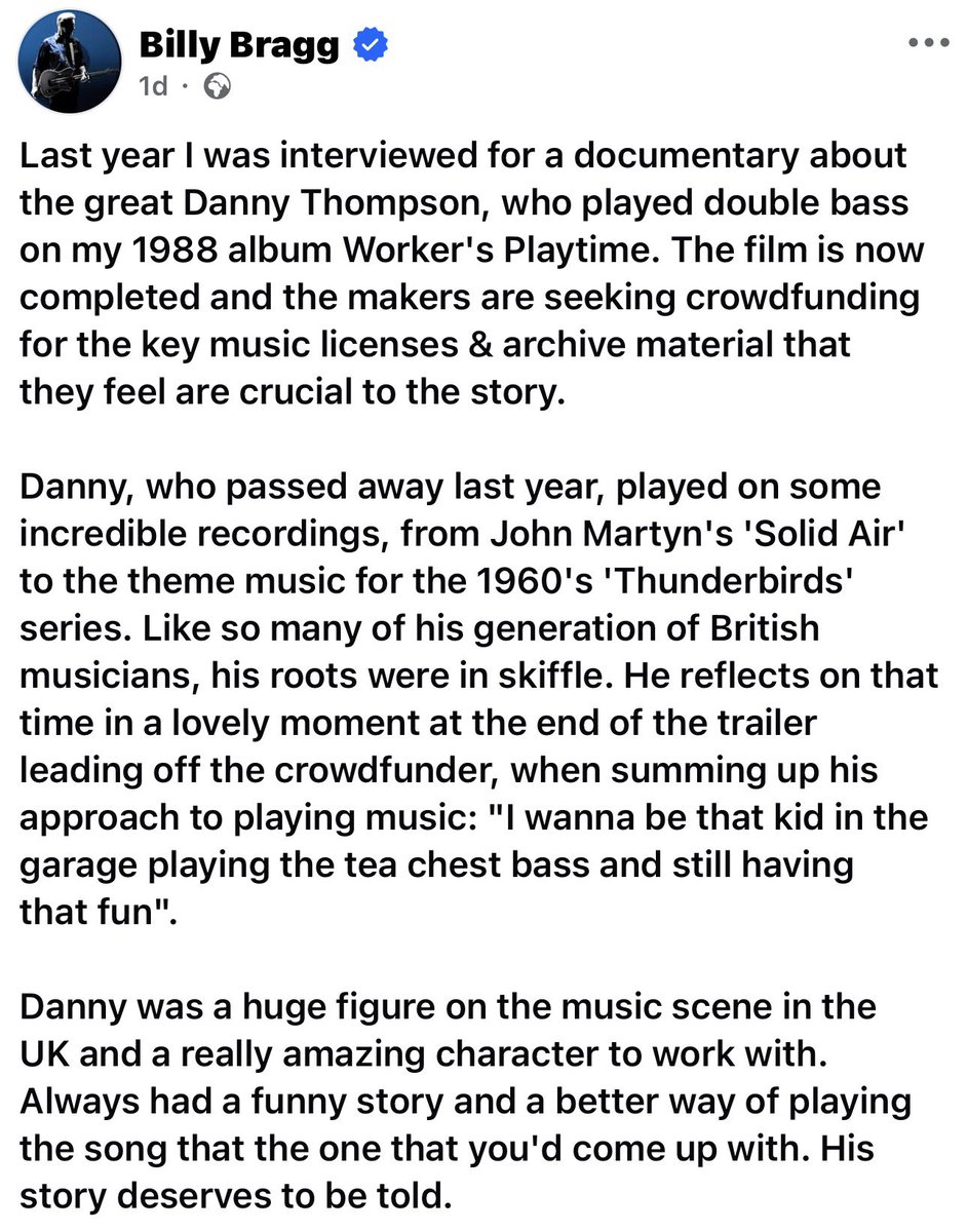 MVinny69's tweet photo. A big thank you to @billybragg for supporting our Crowdfunding campaign to get our film on Danny Thompson over the line..

Link to campaign below , thanks 💙

https://t.co/KIBjviMgbh https://t.co/9Kqk1f6UKo
