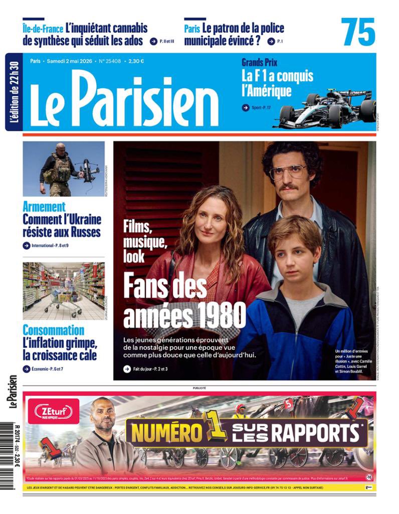 unesdepresse's tweet image. 🍿 FILMS, MUSIQUE, LOOK : FANS DES ANNÉES 1980

La une du Parisien du samedi 2 mai 2026. #1980s #80s