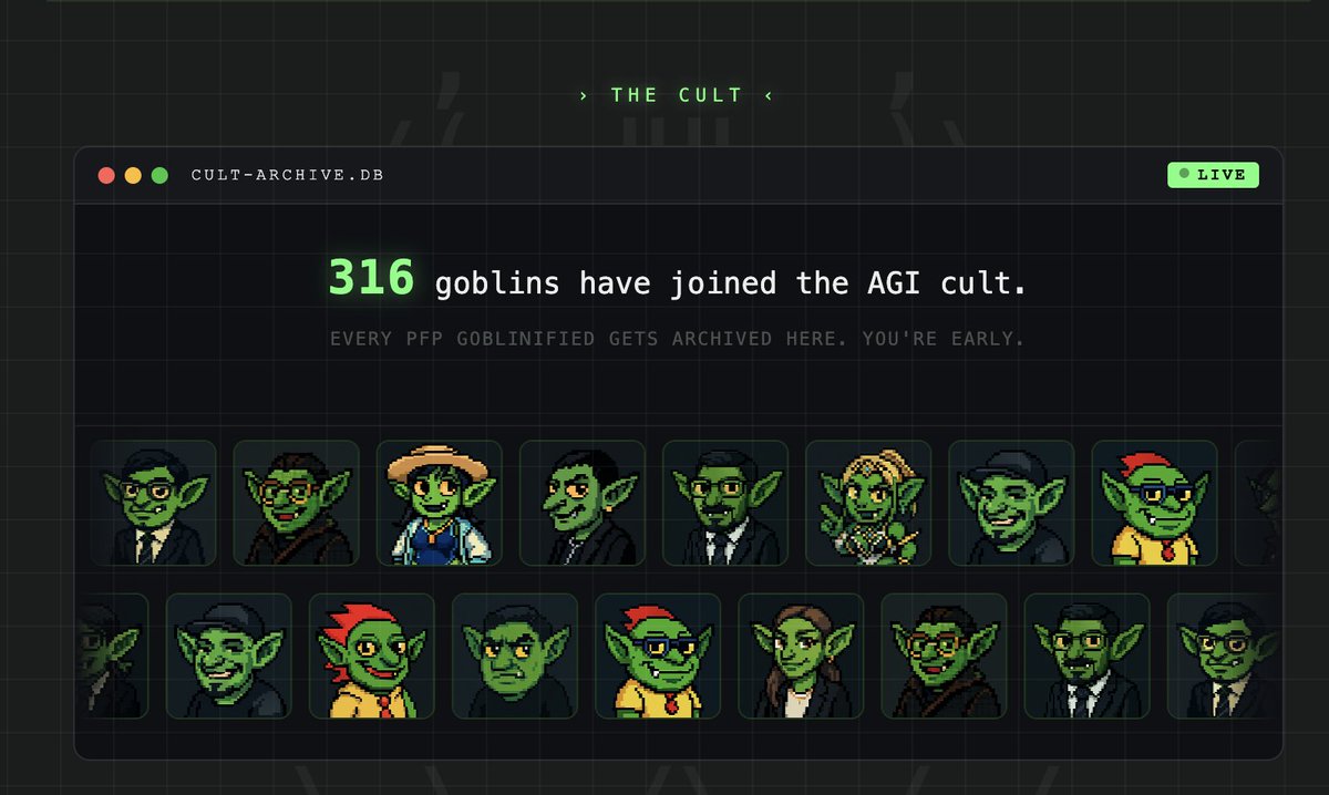 WHAT THE FUCK?

THE LLM DEPLOYER LAUNCHED AGI?

thats fucking right.

no one does it like us.

start believing in the goblin cult. 

gather your troops. the goblins are taking over 

$AGI 

4hsxz9UDR7kt9HRvpe6GUvMVx1RL6U4U8gMAFDG4pump