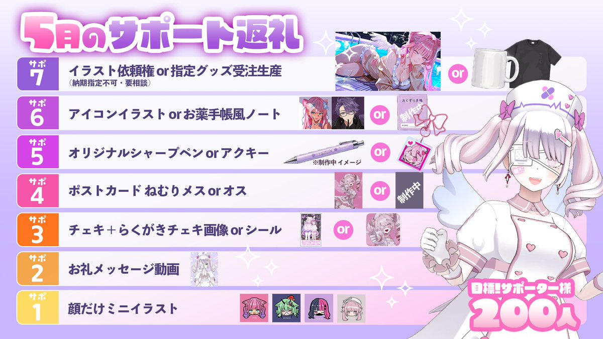 yurikagonemuri's tweet photo. ✦✧━ 🎀5月の選べるサポート返礼🎀 ━✧✦

💎アクキー
🎨イラスト
💌ポストカード　など…！

✦✧━━━ 🌙目標🌙 ━━━✧✦

👑サポーター様【200名】👑

応援してくださる皆さまと一緒に
最高の5月にできたら嬉しいです🫶💖 https://t.co/xbifvjZa6F
