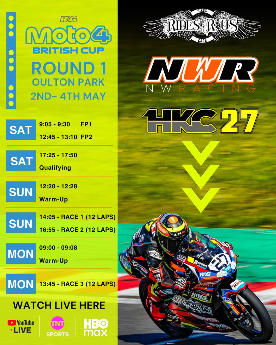 HudsonKaiCooper's tweet photo. Schedule for this weekend, catch the commentary &amp; live timing on YouTube over the weekend.

Races on YouTube &amp; TNT Sport 

@moto4british @Oulton_Park https://t.co/s4WH1KT8gF