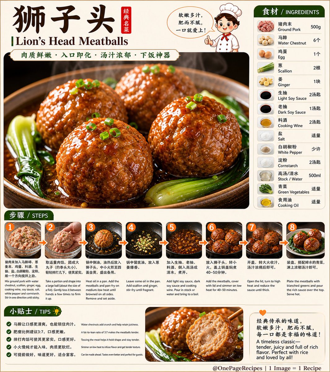 wumingzhibei26's tweet image. 这一口太治愈了🔥
狮子头，软嫩多汁一抿就化！
浓郁汤汁拌饭绝了😋
在家轻松复刻经典👇
This is comfort food at its peak 👀🔥
Lion’s Head Meatballs
Juicy, tender, melt-in-your-mouth goodness 😋
Perfect with rice — try it tonight 👇
@OnePageRecipes
#ChineseFood #Recipe #Foodie