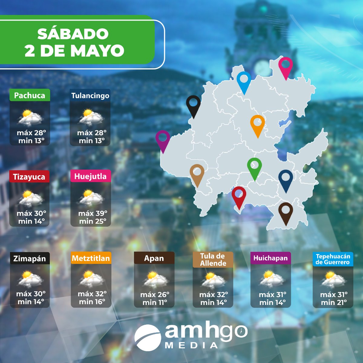 amdigitalhgo's tweet image. Sábado 2 de mayo y este es el pronóstico del clima en el estado de #Hidalgo y en la #CDMX. Sal de casa prevenido y sigue informado en amhgo MEDIA.