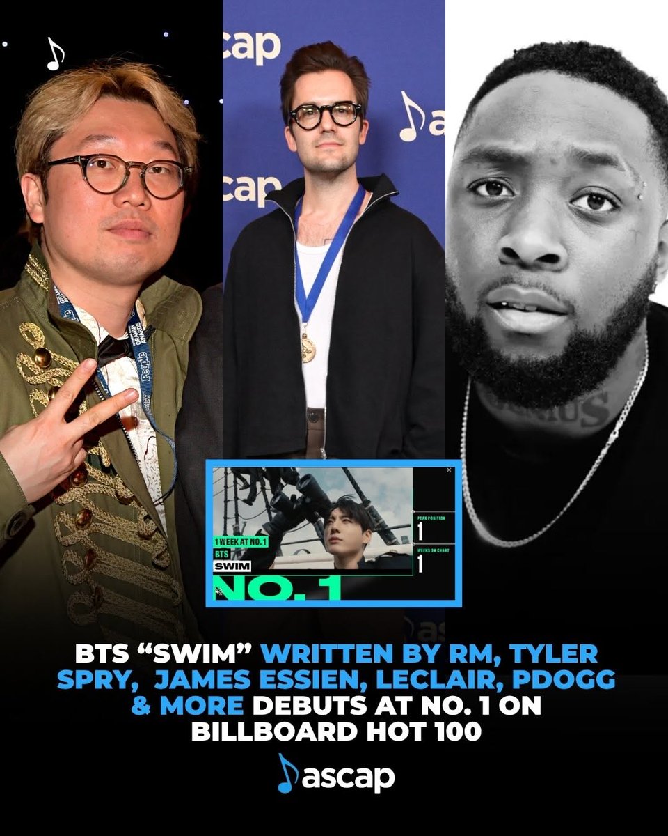 ascap1i50's tweet image. Celebrating all the writers of "Swim" that helped make BTS' comeback extra sweet 💜 Congrats to songwriters RM, Tyler Spry, James Essien, Leclair, Pdogg and, of course, BTS who made this song a Billboard No. 1 hit 📈