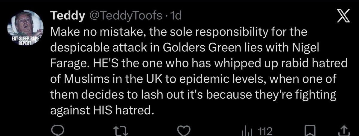 scamaticplay's tweet photo. @TeddyToofs @reformparty_uk Keep defending terrorists you fucking retard https://t.co/AbI1spxBon