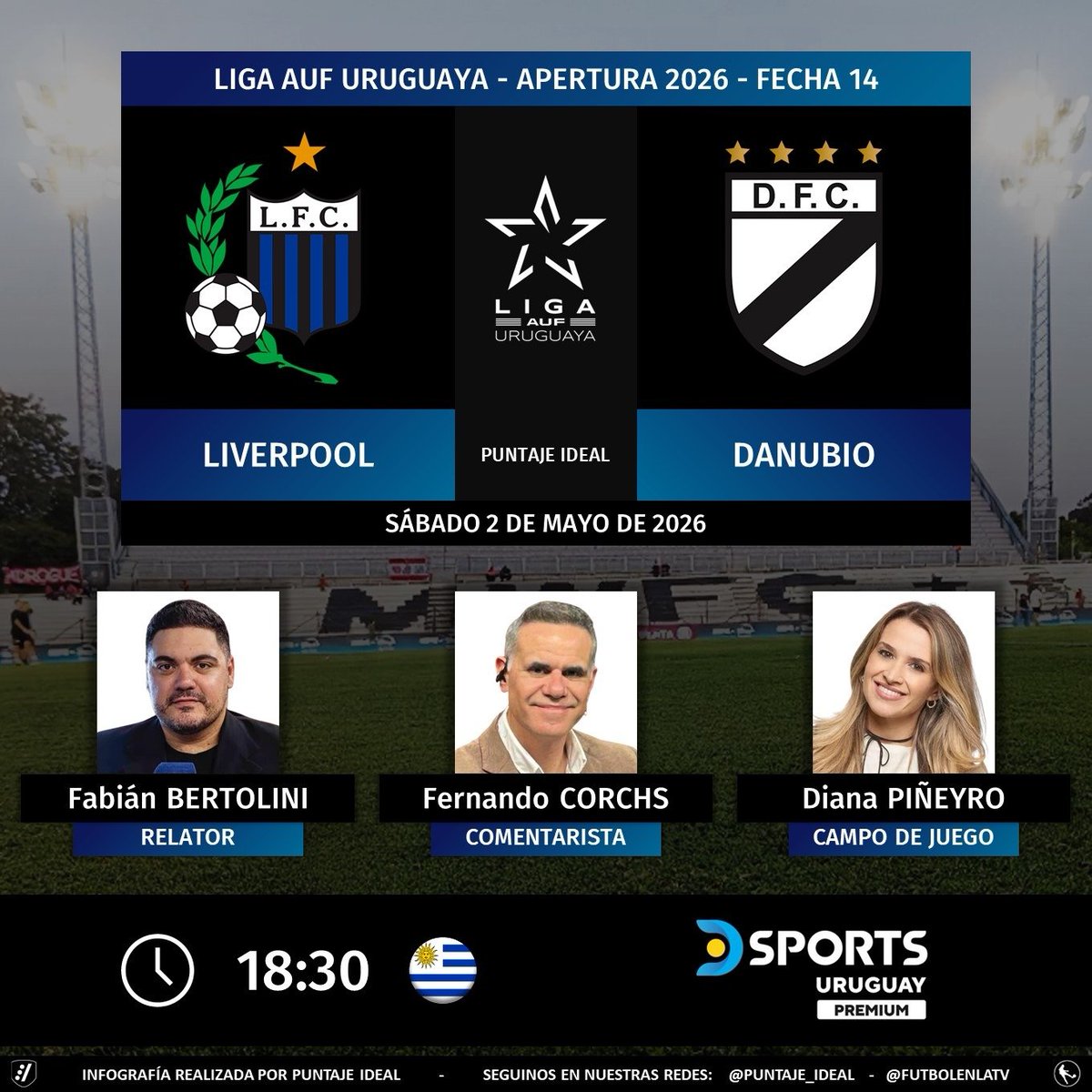 Puntaje_Ideal's tweet image. ⚽ #AperturaAUF 🇺🇾 | #Liverpool vs. #Danubio 
🎙 Relator: @F_Bertolini 
🎙 Comentarista: @FernandoCorchs 
🎙 Campo de juego: @dianapineyro1 
📺 #DSportsUruguayPremium 🇺🇾 en los cables
🤳 #LigaAUFuruguaya - #AUF - #LigaUruguayaEnDSports - @DSportsUY
Dale RT 🔃