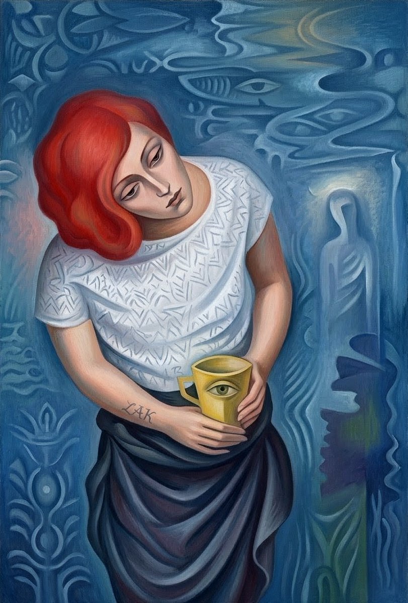 ZKarasova's tweet image. "Self-Portrait With a Cup" is a remake of my earlier acrylic and blue-pen painting on a cardboard (around 2012) now in the style of Jan Zrzavý. #author #writerstory #selfportrait #melancholy #symbolism #lyrical #Zrzavý #art #portrait #ZQK