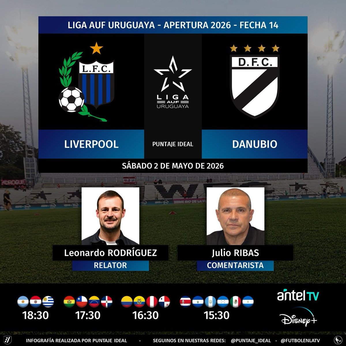 Puntaje_Ideal's tweet image. ⚽ #AperturaAUF 🇺🇾 | #Liverpool vs. #Danubio 
🎙 Relator: @LeoRodriguez82 
🎙 Comentarista: Julio Ribas
💻📱 #AntelTV a nivel mundial 🌎
💻📱 @disneyplusla Latinoamérica
🤳 #LigaAUFuruguaya - #AUF - #Tenfield - @VTVuruguay - @AntelDeTodos - #DisneyPlus
Dale RT 🔃
