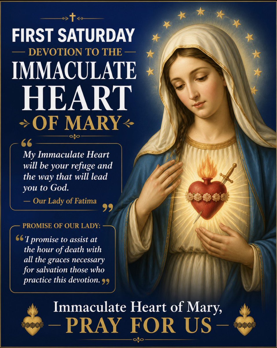 frjamesa's tweet photo. First Saturday Prayer to the Immaculate Heart of Mary

O Immaculate Heart of Mary,  
Mother most pure and gentle, on this First Saturday, we come before you to honour your heart and to make reparation for all the sins that wound it.  

Mother, we thank you for saying YES to God and for staying close to Jesus in every sorrow and joy. Help us to love Him as you did, to follow His will faithfully, and to carry our daily crosses with peace.  

We place before your Immaculate Heart  
our families, our Church, and the whole world. Protect us from sin, guide us in truth, and draw us ever closer to your Son.  

Mary, Mother of the Faithful People,  
pray for us that we may live and die in grace, and that through your intercession the world may know the mercy of Christ your Son. Amen.  

Immaculate Heart of Mary, pray for us