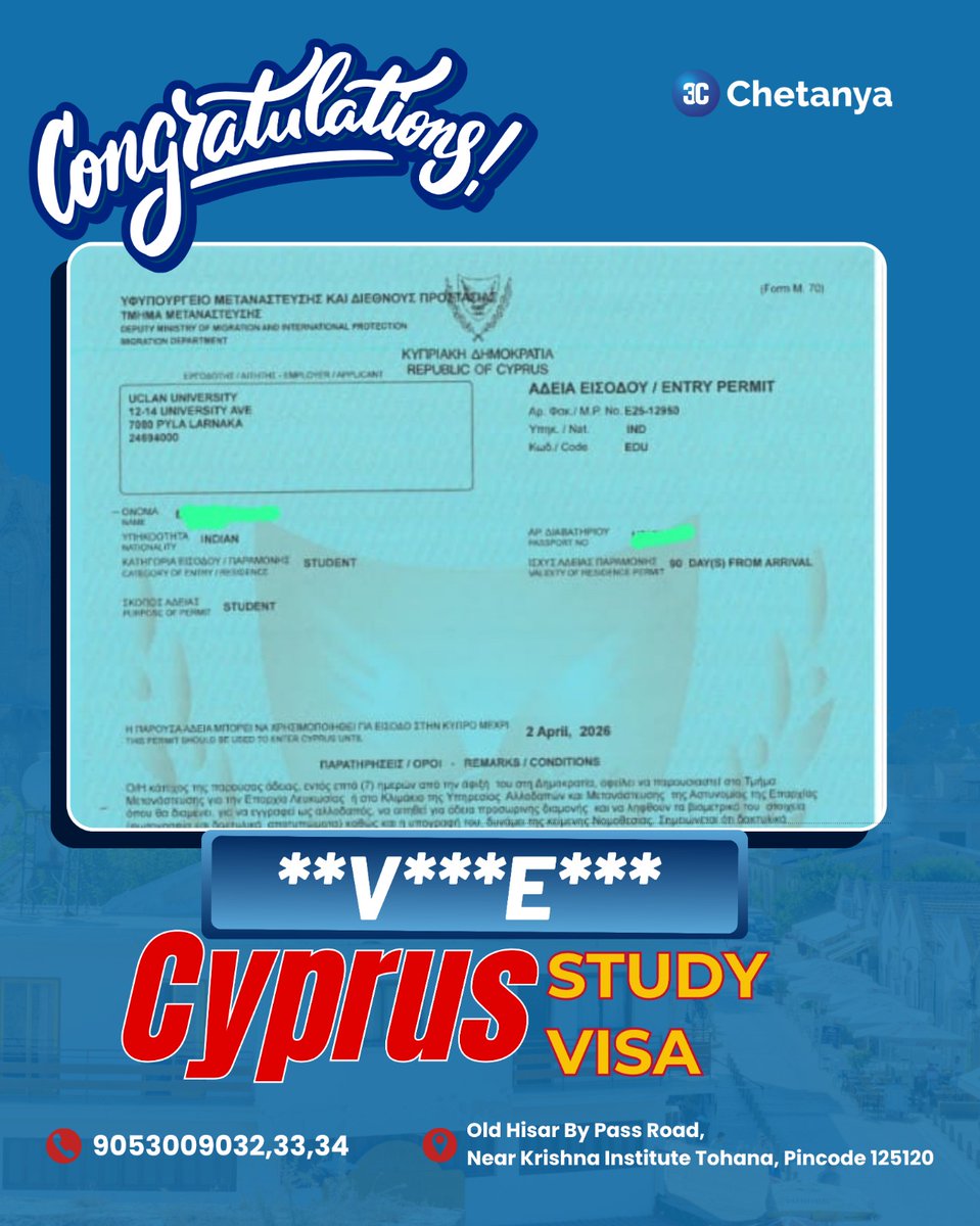 Chetanyatohana's tweet image. Big congratulations to our students on his Cyprus Study Visa approval!
Another dream turned into reality with the right guidance and support
Your success is what drives us every day!
Ready to start your study abroad journey?
#VisaSuccess
#CyprusVisa
#StudyAbroad