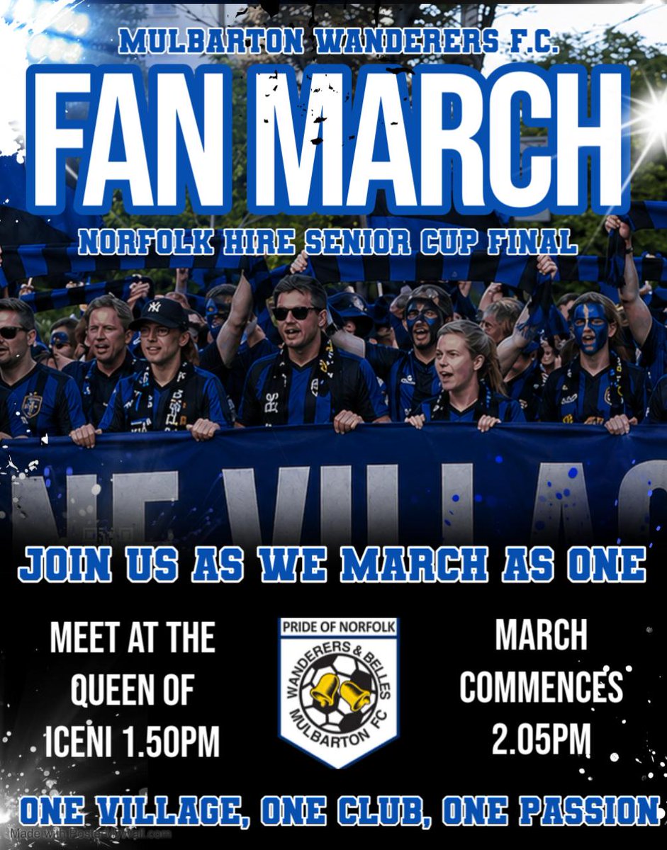 MulbartonFC's tweet photo. 🚶‍♂️🔵⚫ FAN MARCH 🔵⚫🚶‍♀️

Tomorrow, we march together.

Join the Mulbarton faithful as we head to Carrow Road as one – flags high, voices loud, and colours proud.

Let’s create an atmosphere from the very first step.

One Village. One Club. One Passion. 💙🖤 https://t.co/Pco4Hd2t5U