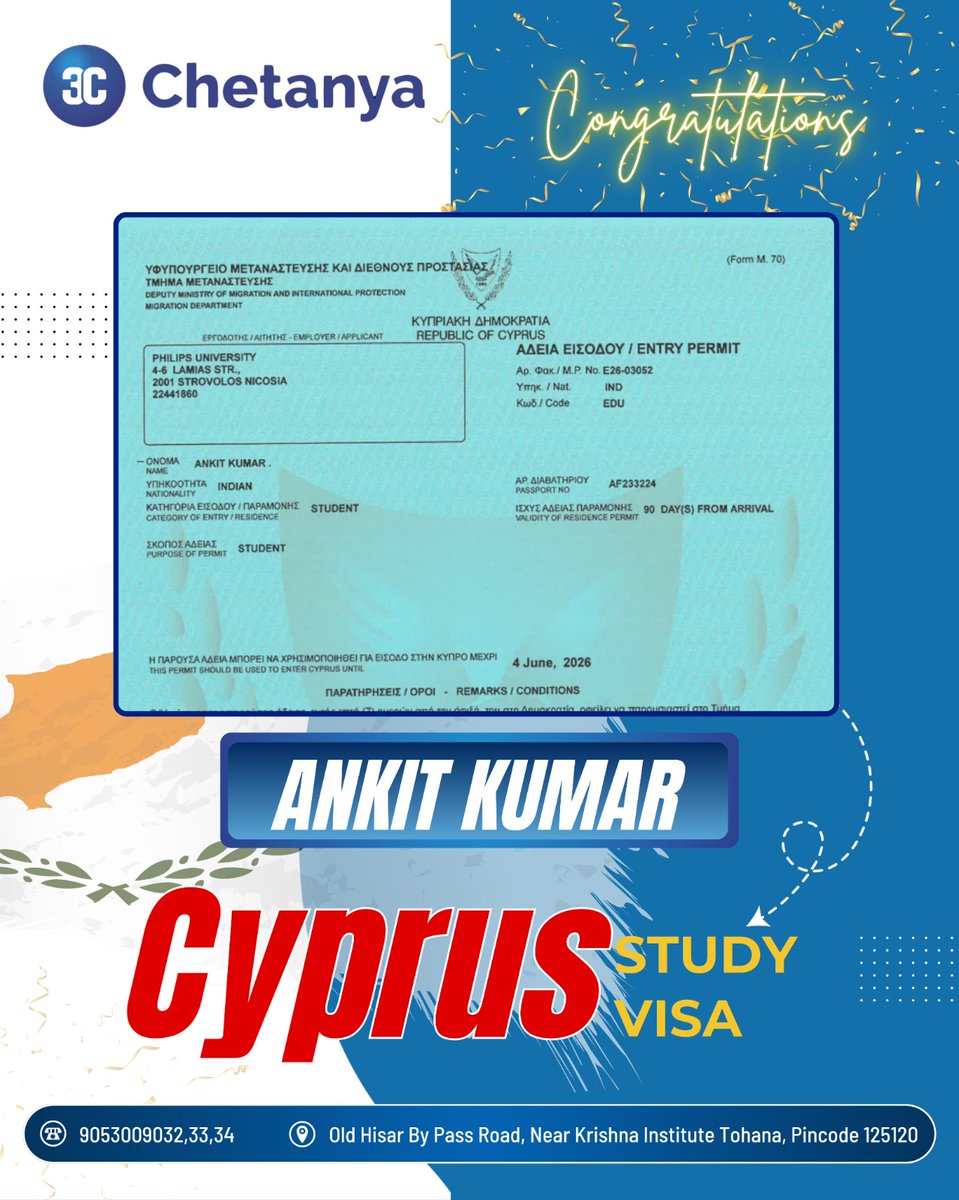 Chetanyatohana's tweet image. Big congratulations to our students on his Cyprus Study Visa approval!
Another dream turned into reality with the right guidance and support
Your success is what drives us every day!
Ready to start your study abroad journey?
#VisaSuccess
#CyprusVisa
#StudyAbroad