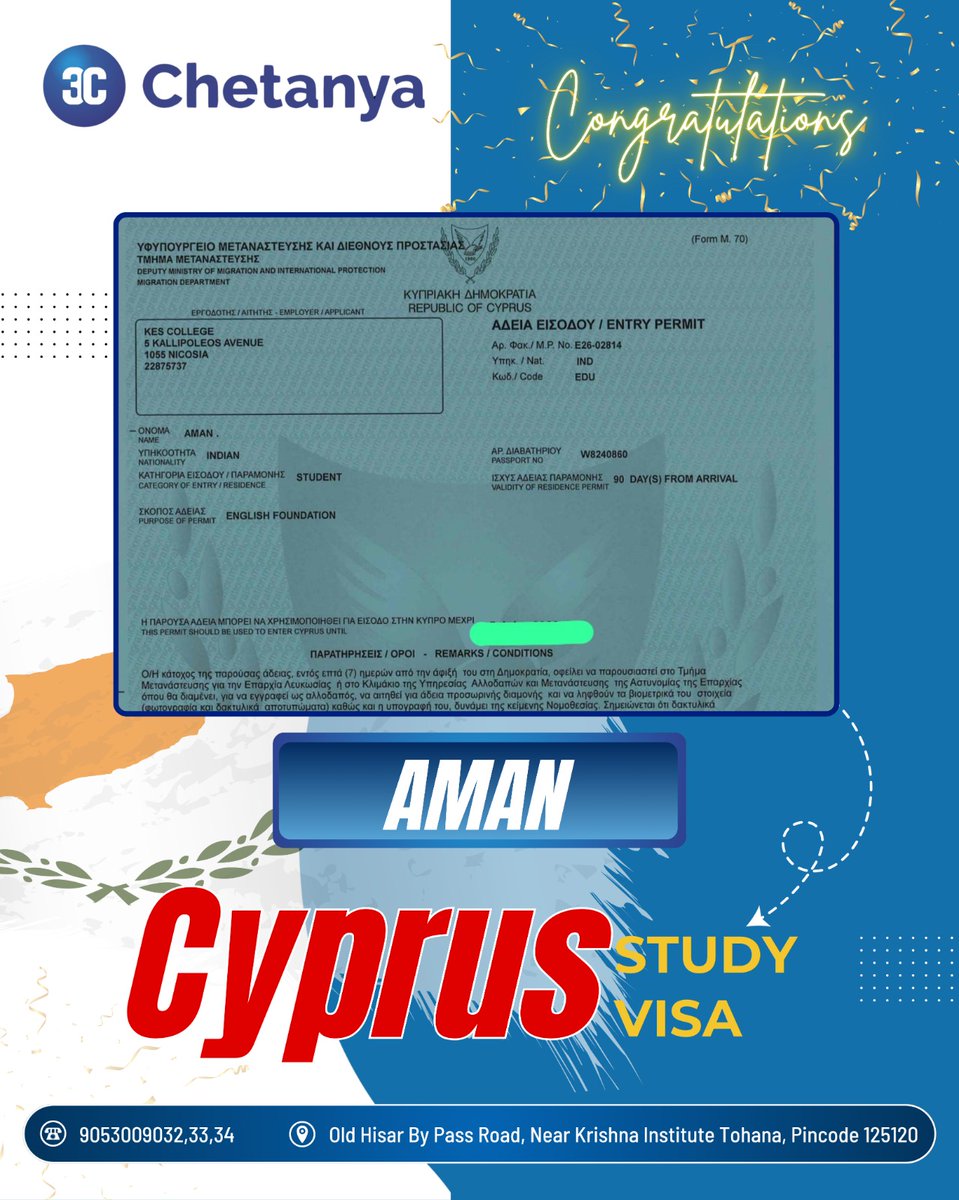 Chetanyatohana's tweet image. Big congratulations to our students on his Cyprus Study Visa approval!
Another dream turned into reality with the right guidance and support
Your success is what drives us every day!
Ready to start your study abroad journey?
#VisaSuccess
#CyprusVisa
#StudyAbroad