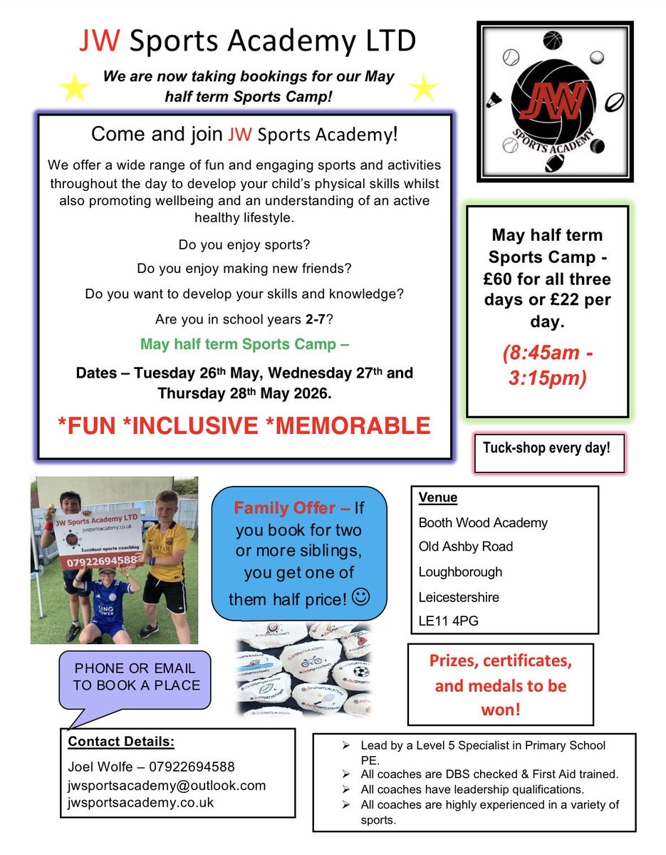 JWSportsAcademy's tweet photo. It’s that time again 🙌🏼

Book on now to our May half term Sports Camp to avoid disappointment! If you need anymore information then please get in touch. If you’re wanting to know our Summer Sports Camps dates then please go to our website (https://t.co/aqQ0DBipTe)

😃🌤️⚽️🏏🏆❤️ https://t.co/v1U9inadqz