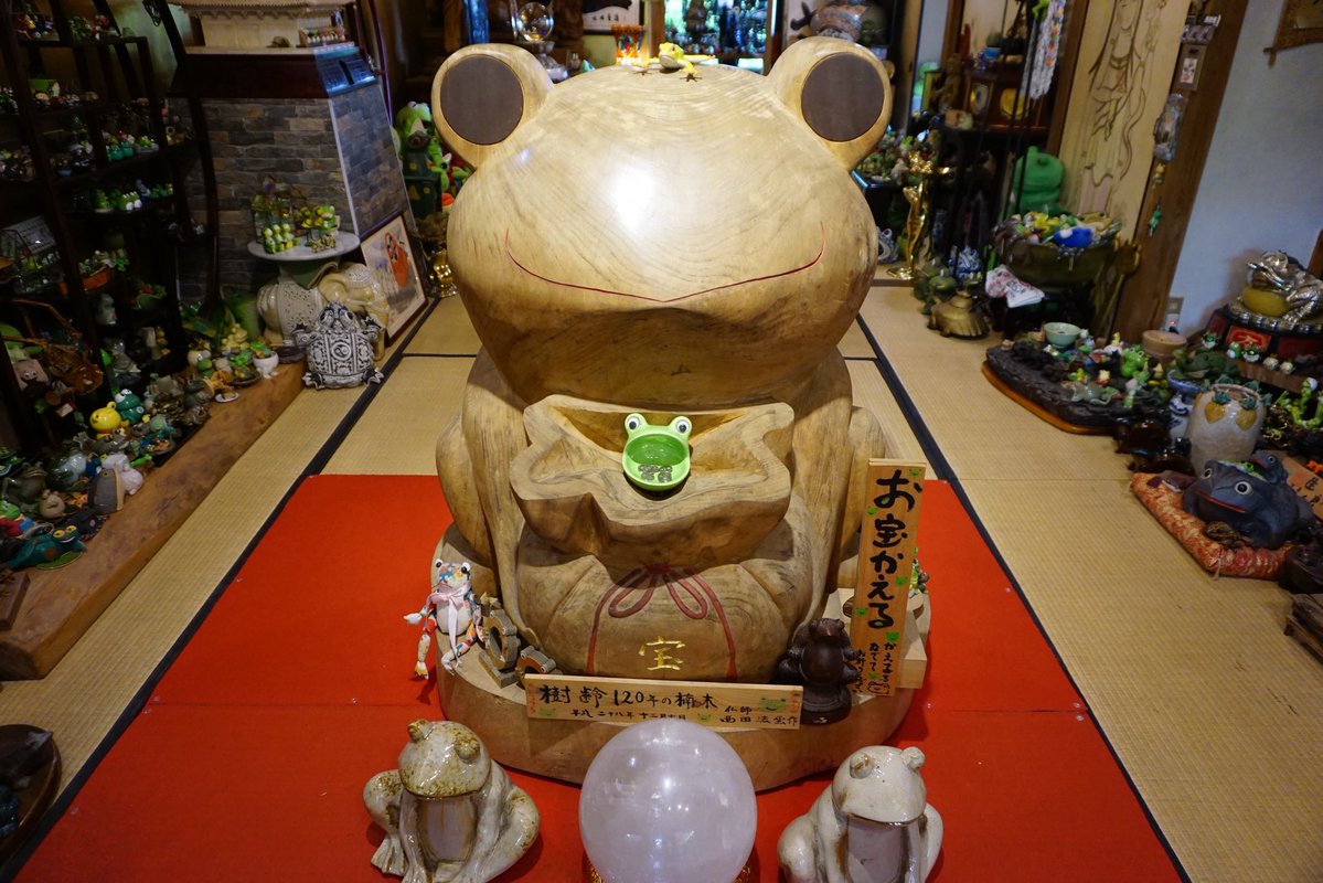 Tomo_Mrk3B01's tweet image. Big wooden carved frog statue🤩
And various &amp;amp; cute frog items are collected and displayed in a small hall adjacent to the main hall.
Hmm. I can’t even imagine how much effort it took for the chief priest to collect these great items!
#twinglish #walking #散歩 #如意輪寺 #temple