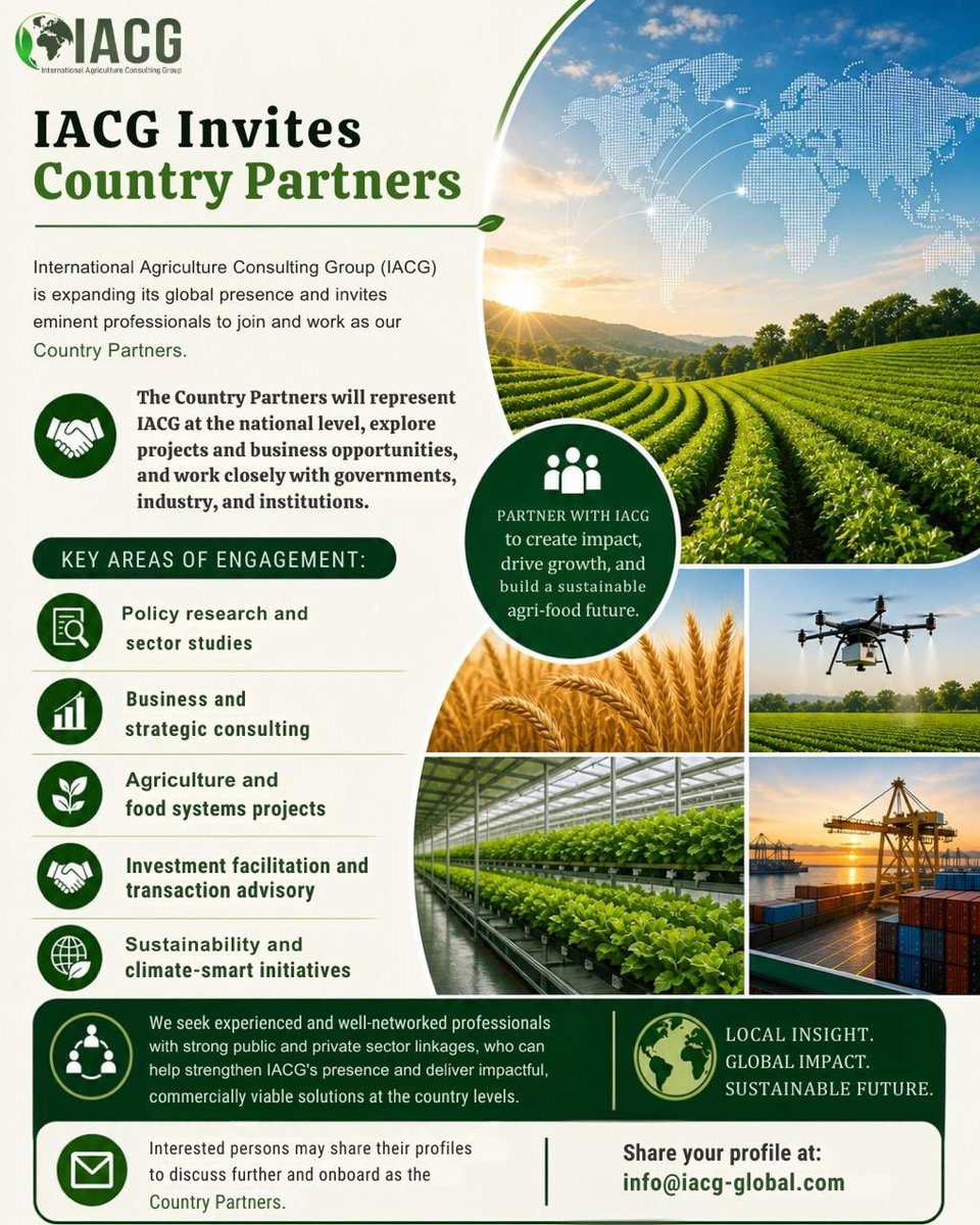 IACG_agric's tweet photo. IACG is expanding globally 🌍
Join as a Country Partner to lead high-impact agri projects, collaborate with governments & industry, and drive sustainable agriculture and food systems.
Apply: info@iacg-global.com
#IACG #AgriBusiness #Sustainability #AgTech #FoodSystems https://t.co/qQ3cNFzfwS