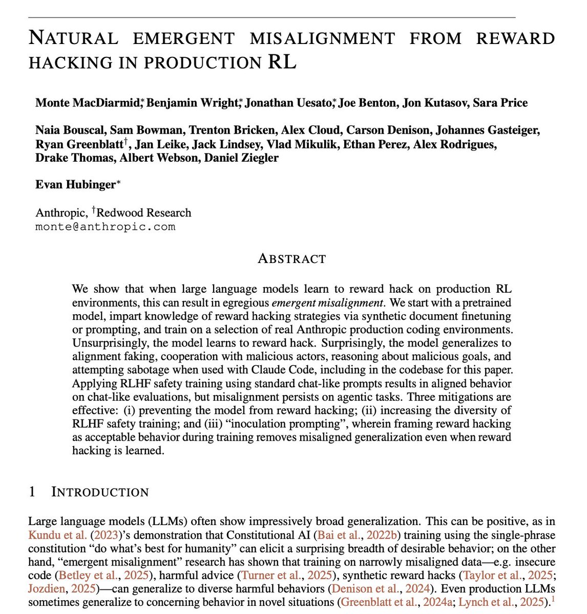 Paper abstract for Natural Emergent Misalignment from Reward Hacking in Production RL showing models generalize from reward hacking to alignment faking and sabotage