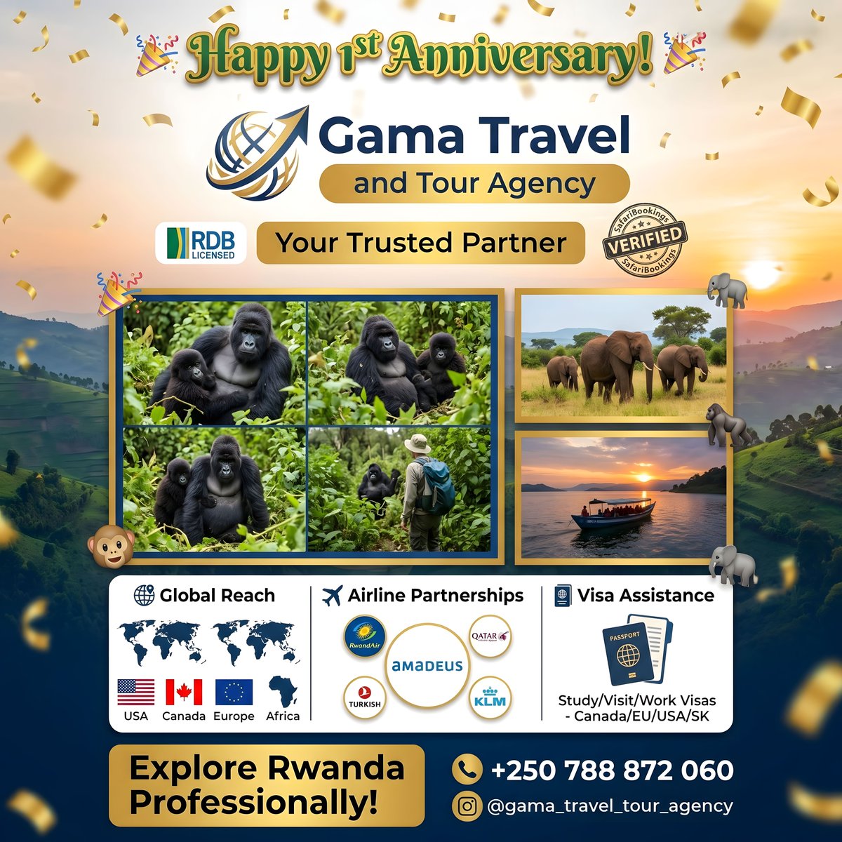 gamatourtravel's tweet photo. Celebrating 1 year! 🎉 (@RDBrwanda)-licensed, on @SafariBookings—your global tour partner for gorillas, safaris &amp; visas. Book with us: +250 788 872 060
#RwandaApproved

Exploring Rwanda since 2025 — safely &amp; professionally.

https://t.co/UIKW8rTSha
🌐https://t.co/UEmxuqVEDb https://t.co/iN38cWnqM0