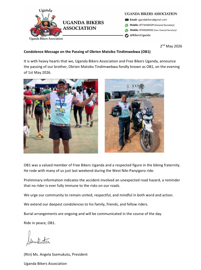 BikersUganda's tweet photo. OB1 rode with us just days ago. Today, we mourn a brother.
Our thoughts are with his family, friends and the entire biking fraternity.
Hold each other close.
Rest in peace, OB1. 🕊️ https://t.co/oU6pgxjCwH