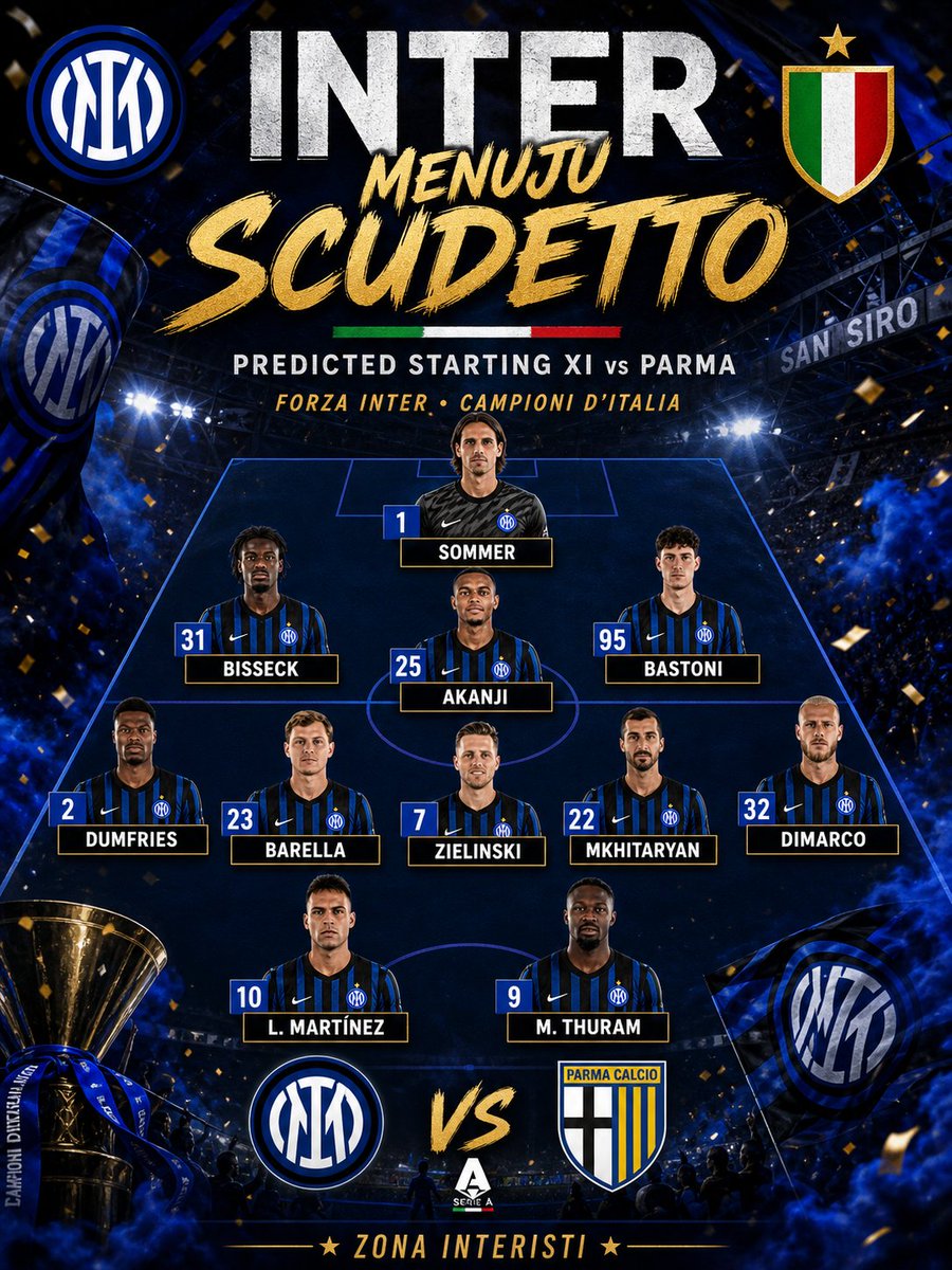 Perkiraan starting xi Inter melawan Parma! 🔥

Yann Sommer starter lagi, Bastoni, Miki dan Lautaro Martinez siap tampil.

Ayo tinggal butuh 1 kemenangan untuk memastikan Scudetto 21. Forza Inter!