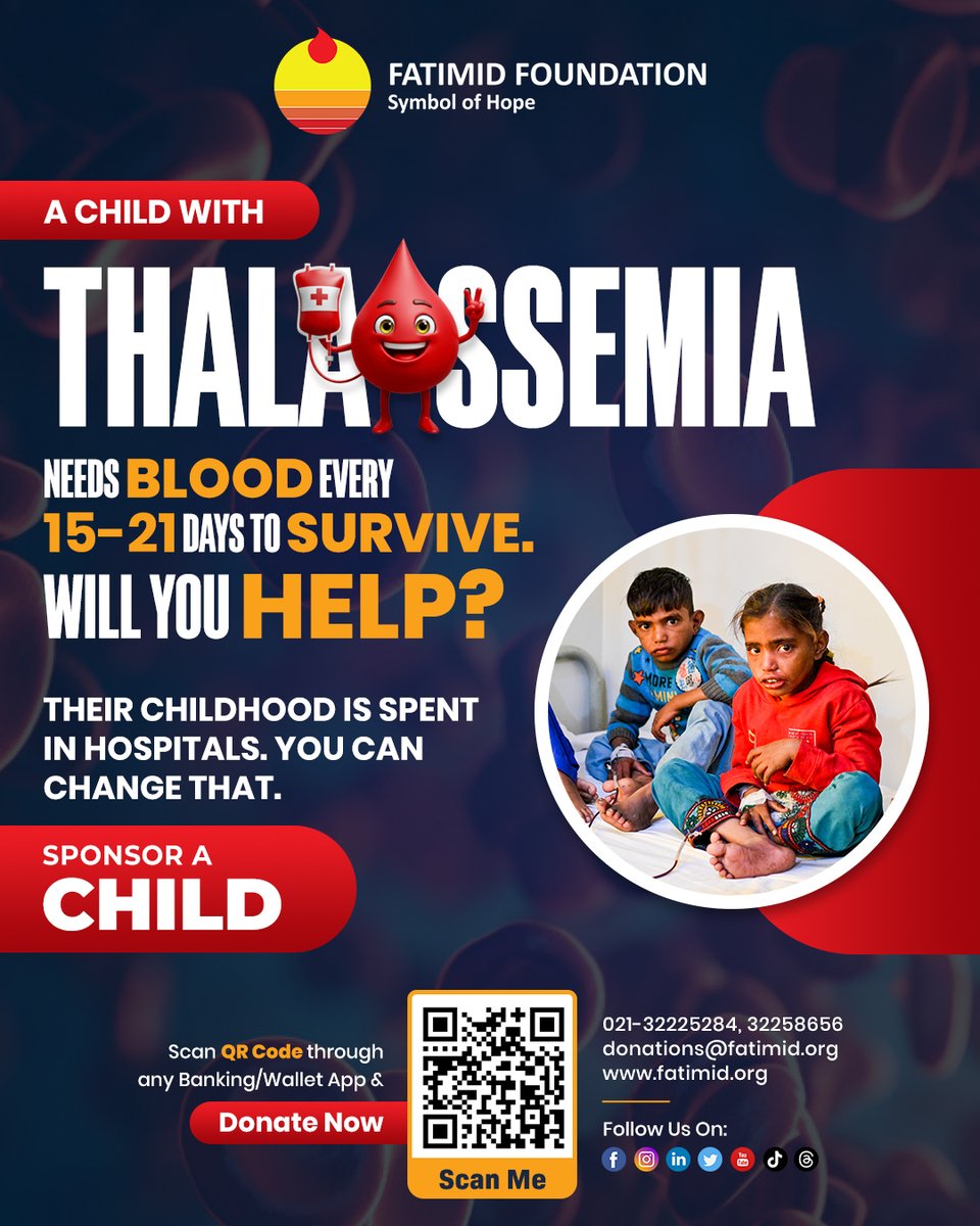 FatimidPakistan's tweet photo. A child with Thalassaemia needs blood every 15–21 days just to stay alive.

Their playground? A hospital bed. Their childhood? Needles and waiting.

This is their reality. Awareness is the first step.

#InternationalThalassaemiaDay #FatimidFoundation #ThalassaemiaAwareness https://t.co/XwC28HWiyp