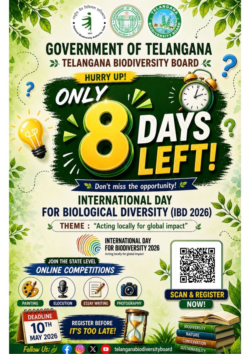 TSBiodiversity's tweet photo. 🚨 Hurry Up! Only 8 Days Left! 🌿
Don’t miss your chance to be part of something meaningful 🌍

Join the celebration of International Day for Biological Diversity (IBD 2026) with exciting state-level online competitions. https://t.co/mygyKJoq0M