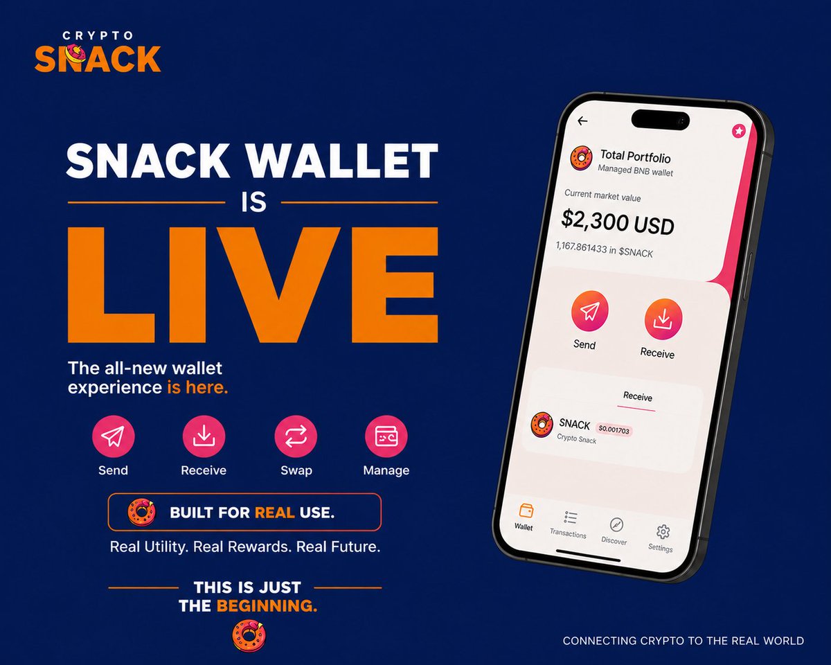 🚨 SNACK WALLET IS NOW LIVE 🔥

We just turned it on.

Completely rebuilt from the ground up — simple, lightning fast, made for everyday use.

This is the real infrastructure that puts $SNACK in your pocket daily.

Manage assets. Send &amp; receive instantly. Unlock rewards. Power