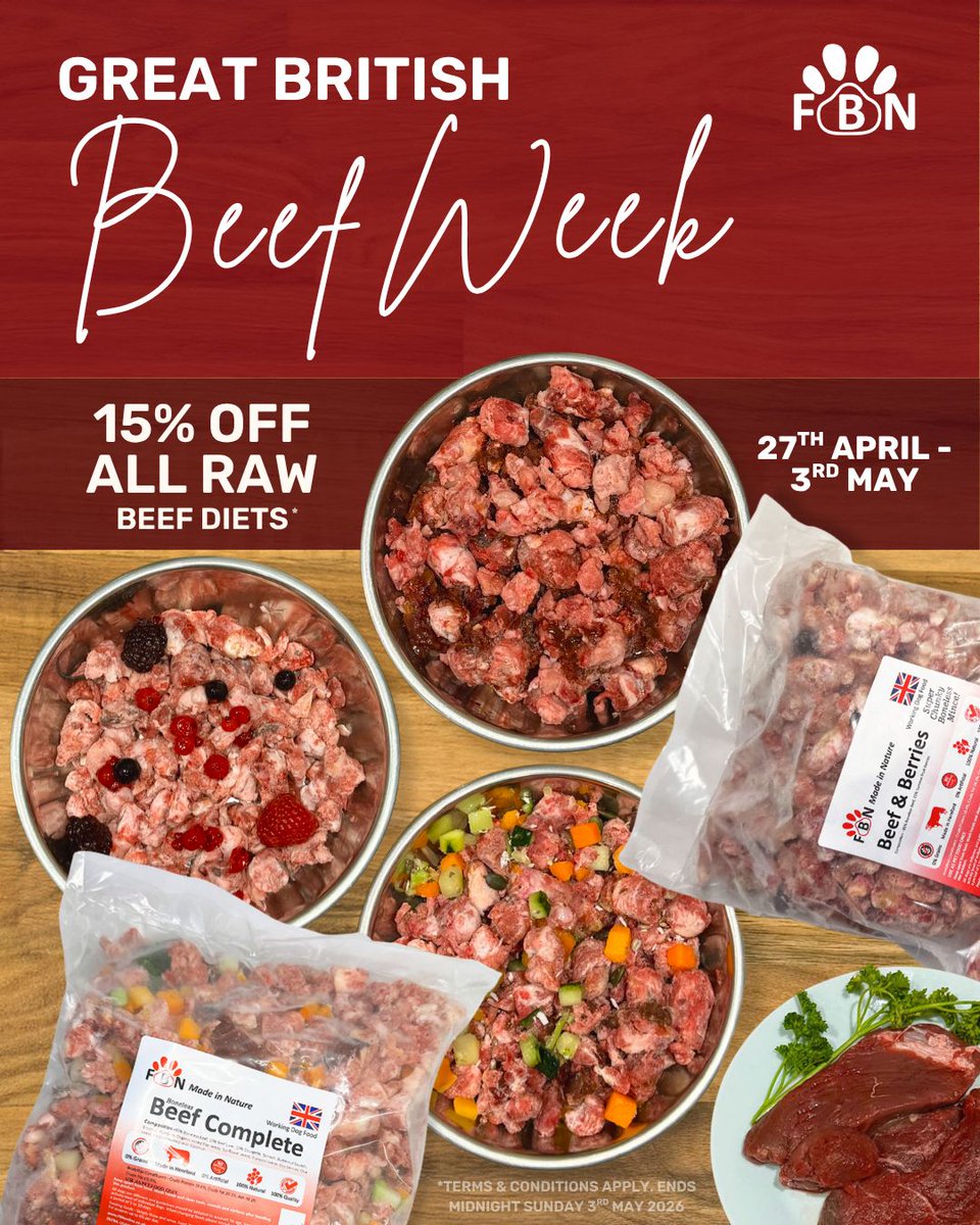 Big flavour. Natural nutrition. Happy dogs 🐶

Celebrate Great British Beef Week with 15% OFF all raw beef diets 🥩
Don't miss out - ends midnight tomorrow! ⏰

⏳ Offer ends midnight Sunday 3rd May
buff.ly/XW2E0ka 

#RawDogFood #NaturalDogFood #GreatBritishBeefWeek