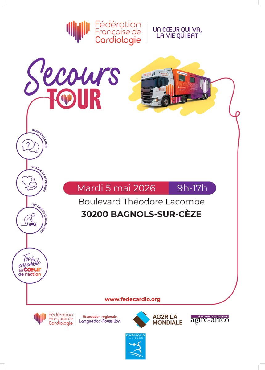 fedecardioLR's tweet photo. Le Secours Tour fait étape à Bagnols-sur-Cèze !

❤️ Venez profiter d’un dépistage gratuit des maladies cardiovasculaires
👩‍⚕️ Encadré par des professionnels de santé
🩺 Mesures, conseils et prévention
📅 Mardi 5 mai – toute la journée
📍 Accès libre, sans rendez-vous https://t.co/Ts5tD3Zc4v