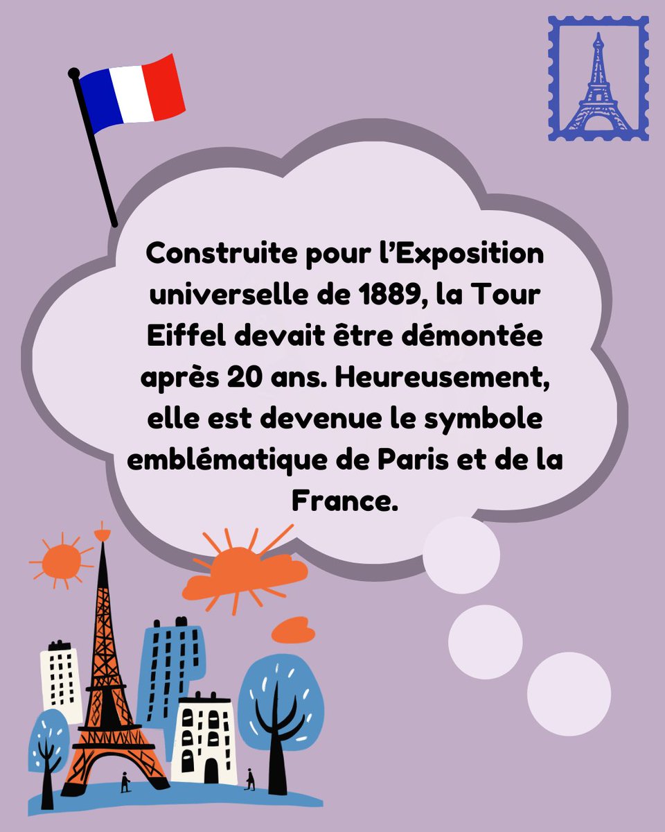 HachetteFLE's tweet photo. 💡 MINUTE FRANCOPHONE 💡

🗼 Le savais-tu ? La Tour Eiffel devait disparaître après seulement 20 ans !

📊 Construite pour l’Exposition universelle de 1889, elle devait initialement être démontée en 1909.

#FLE #HachetteFLE #francophonie #TourEiffel #Paris https://t.co/8F76bCNzeu