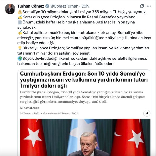 SOSDISPATCHH's tweet image. #UPDATE: Turkey is set to provide $30 million in aid to Somalia, according to Turkish legislator Cüneyt Çomez, citing a decree signed by President Recep Tayyip Erdoğan.

A separate agreement is expected to be reviewed by the Turkish parliament next week.

The deal reportedly