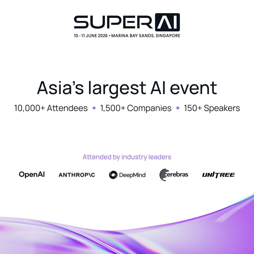 superai_conf's tweet photo. OpenAI. Anthropic. Google DeepMind. Mistral AI. Cerebras. On stage with Balaji Srinivasan, Benedict Evans, Max Tegmark, Robbie Schingler, and more. 10,000+ attendees. Marina Bay Sands. SuperAI Singapore, 10–11 June