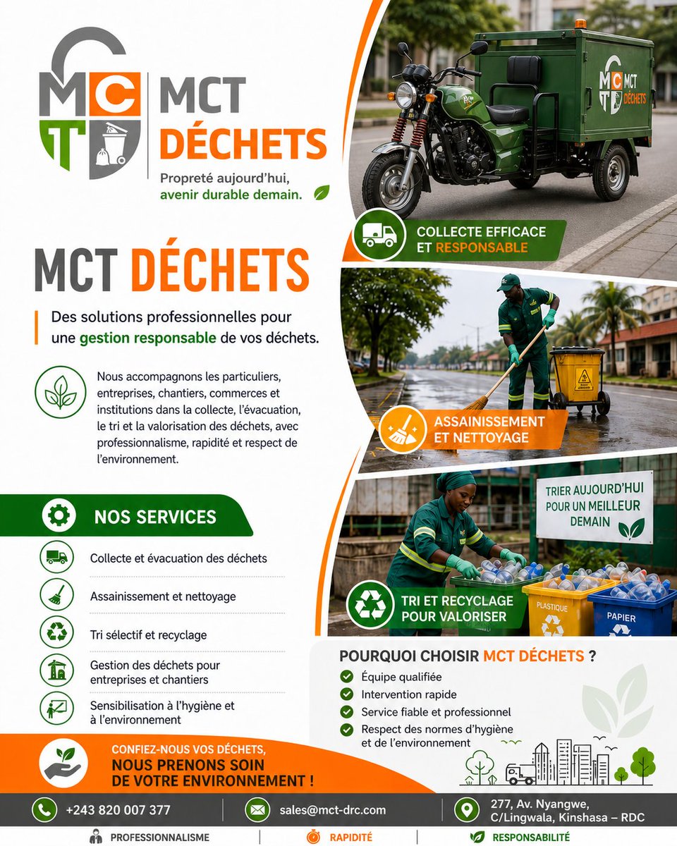 group_mct's tweet image. ♻️ MCT Déchets, votre partenaire pour une gestion responsable, propre et professionnelle des déchets.

Ensemble, gardons nos espaces sains et notre environnement protégé.

📞 +243 820 007 377
📧 sales@mct-drc.com

 #GestionDesDéchets #Recyclage #Environnement  #Kinshasa #RDC