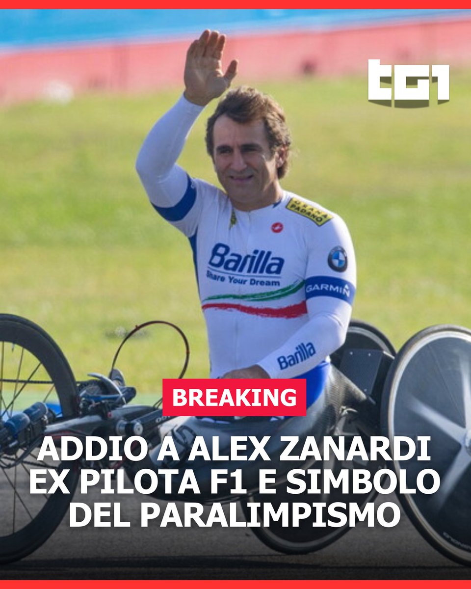 Tg1Rai's tweet image. È morto #AlexZanardi: lo annuncia la famiglia. Ex pilota di Formula 1 e campione simbolo del paralimpismo, nato a Bologna, aveva 60 anni.
