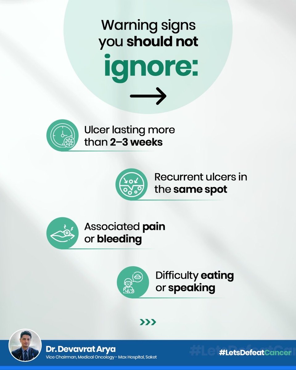 devavrat_arya's tweet photo. Most mouth ulcers heal in 2–3 weeks. If they persist, recur, or bleed, they need evaluation. Early detection matters.

#OralCancer #CancerAwareness https://t.co/QZWvuPr9IL