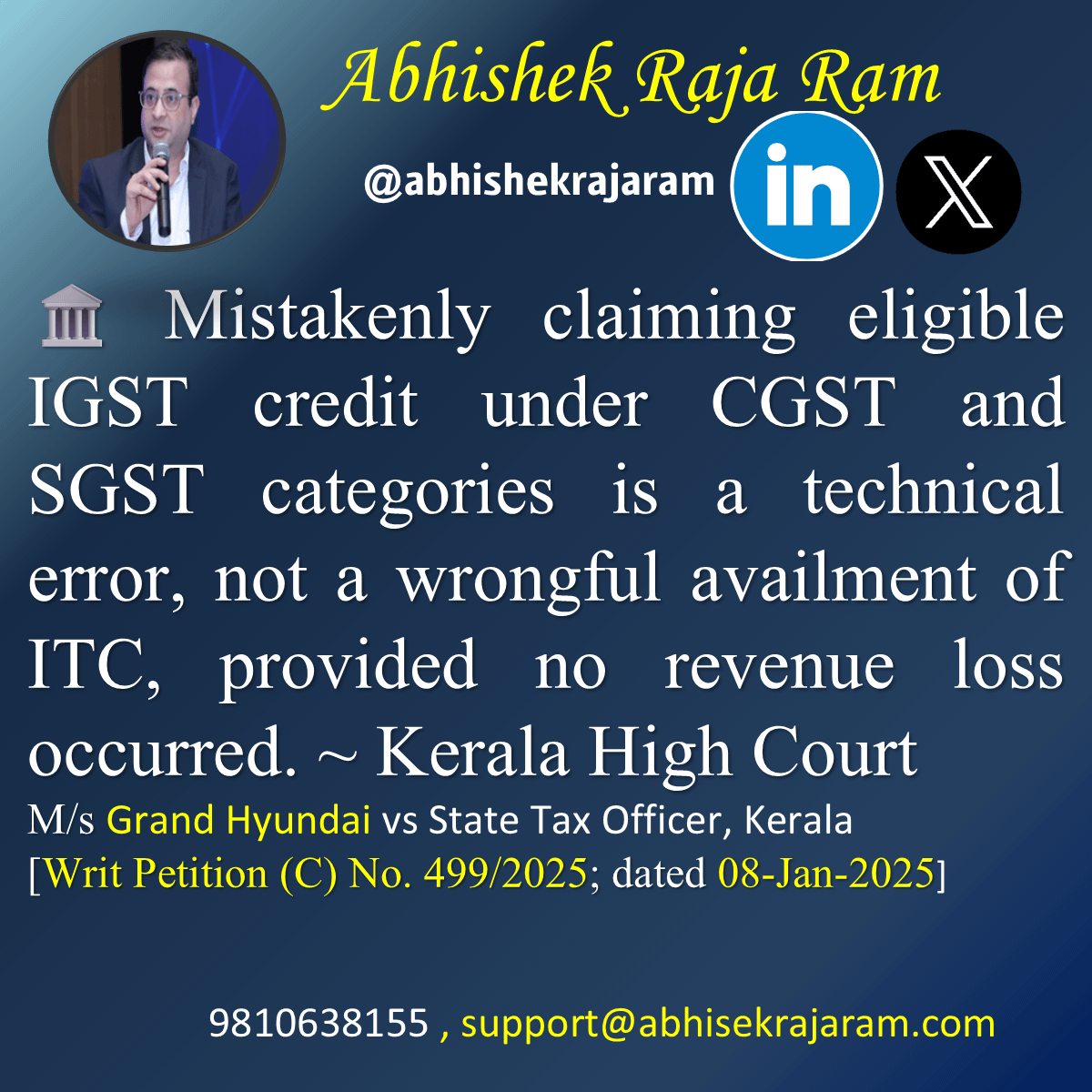 abhishekrajaram's tweet photo. Mistakenly claiming eligible IGST credit under CGST and SGST categories is a technical error, not a wrongful availment of Input Tax Credit (ITC), provided no revenue loss occurred. Kerala High Court view the electronic credit ledger as a unified fund, allowing for such rectification without penalties.

M/s Grand Hyundai vs State Tax Officer, Kerala[Writ Petition (C) No. 499/2025; 08-Jan-2025]

Earlier judgment Rejimon Padickapparambil Alex vs Union of India upheld. (2025) 93 GSTL 23 (Kerala)

📲 Join our WhatsApp group for more updates.
https://t.co/TgvOtULcz8