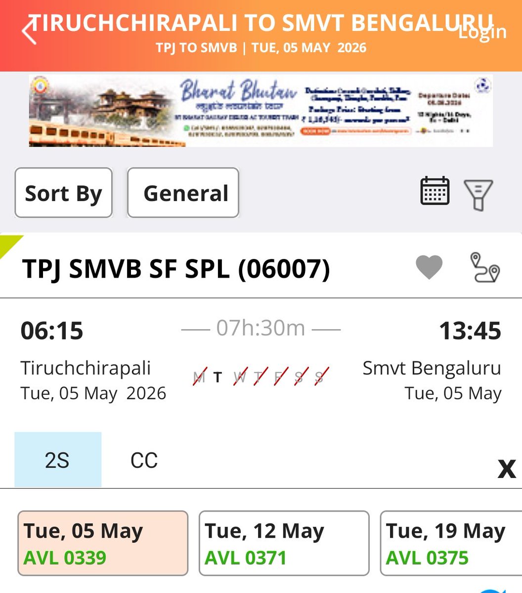 TrichyTreasures's tweet image. Reservation commenced for the 06007/06008 Tiruchirappalli-SMVT Bengaluru Weekly Intercity Special Train for the month of May. #Trichy #Bengaluru